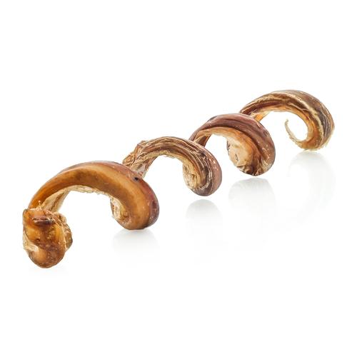 A set of four 7 to 10-inch Curly Bully Sticks by Best Bully Sticks, ideal dog chews made from dried meat, arranged in a curved line on a white background. Suitable for dogs.