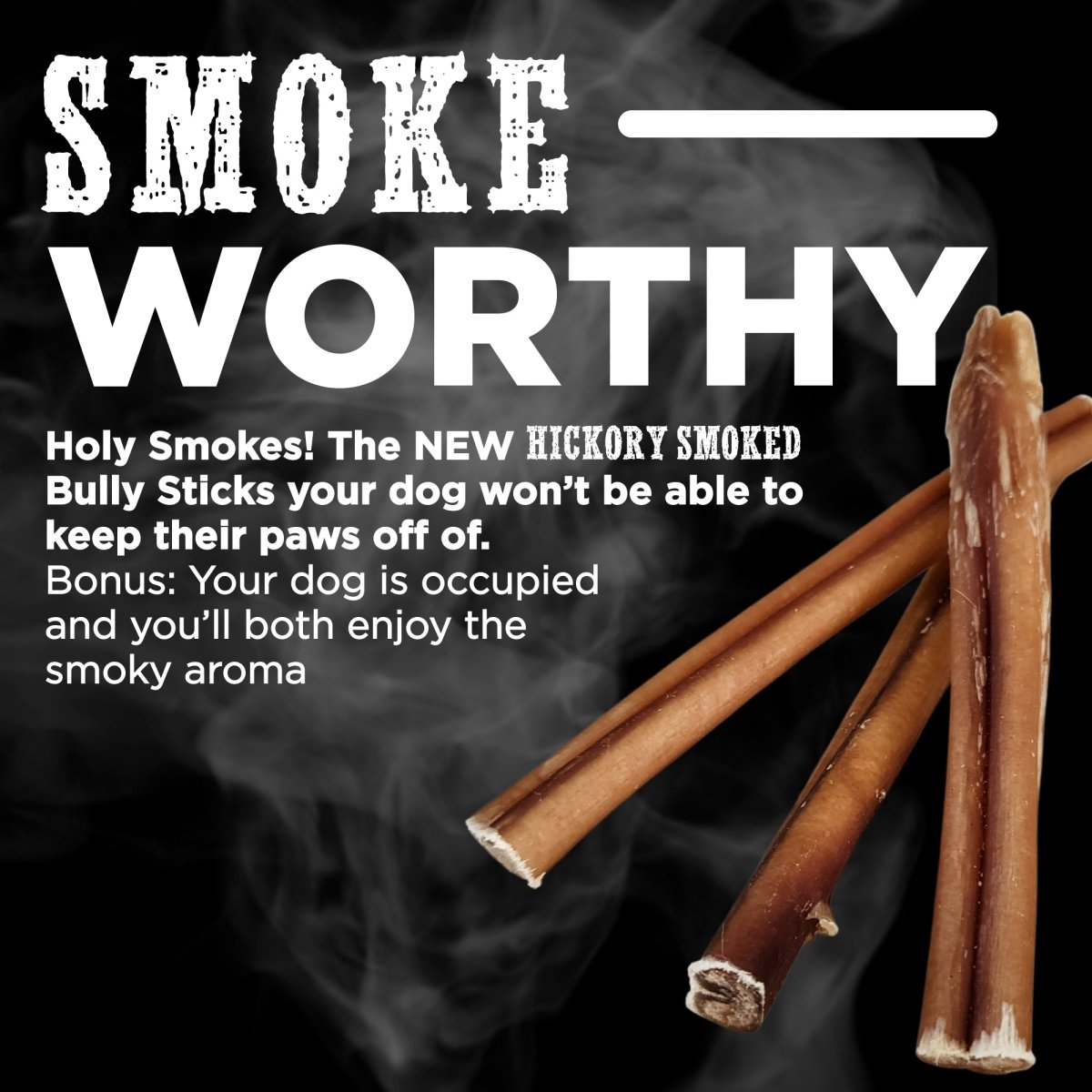 A poster showcasing the indulgence and quality of Best Bully Sticks canine companion products, featuring the words &quot;12-Inch Hickory Smoked Bully Sticks&quot; prominently.