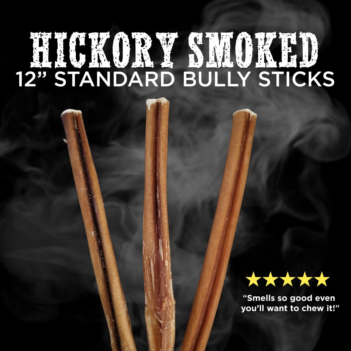 Best Bully Sticks&#39; 12-Inch Hickory Smoked Bully Sticks with a delectable flavor and enticing aroma.