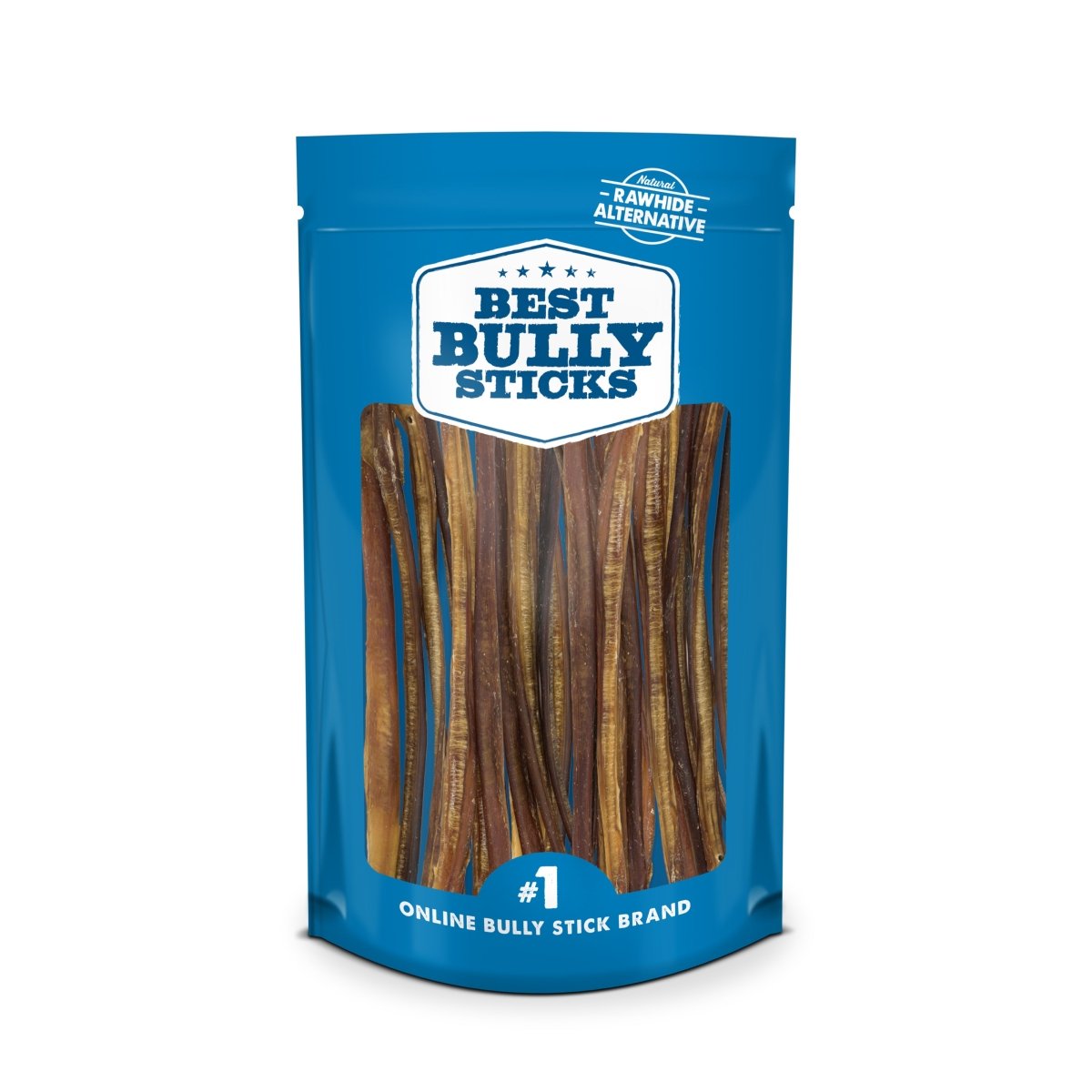 The 12-Inch Standard Odor-Free Bully Stick from Best Bully Sticks is a rawhide alternative in a blue bag, offering natural beef chews that promote dental health to keep your pet happy and teeth clean.