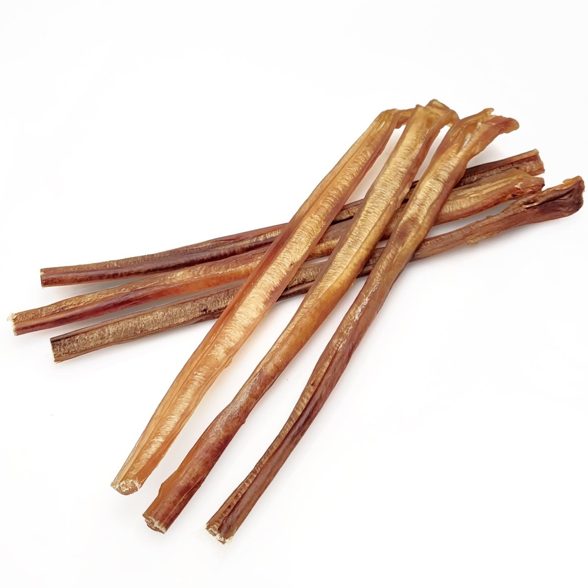 A group of Best Bully Sticks 12-Inch Standard USA-Baked Odor-Free Bully Sticks on a white background.