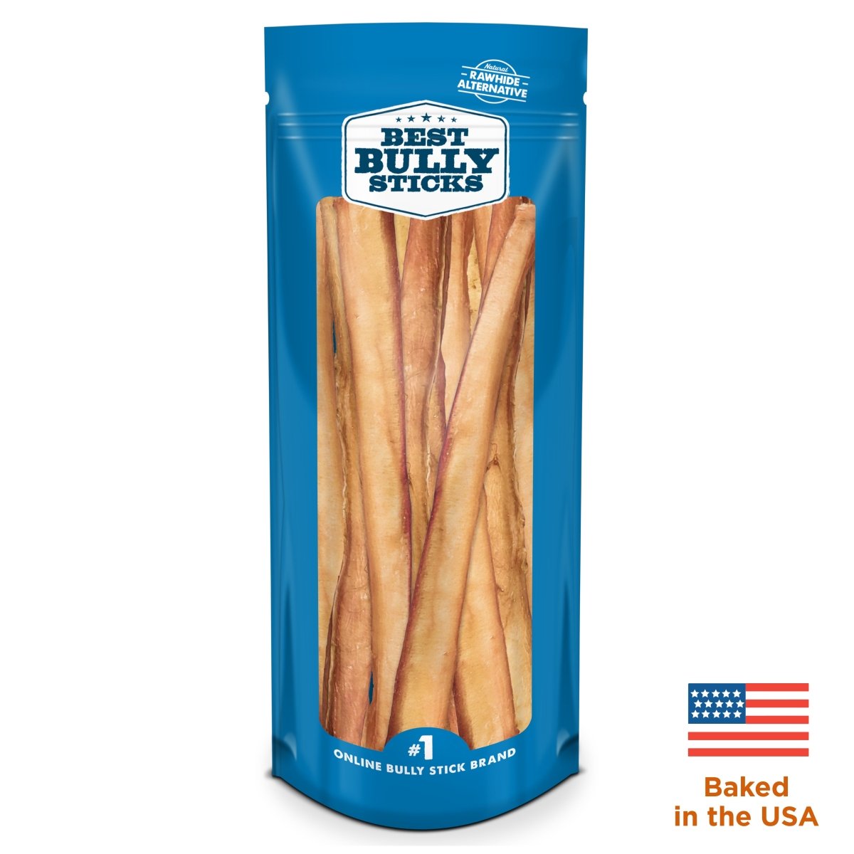 The Best Bully Sticks 12-Inch Thick USA-Baked Odor-Free Bully Stick, a family-farmed rawhide alternative in blue packaging, contains pure-beef treats for your pup&#39;s enjoyment.