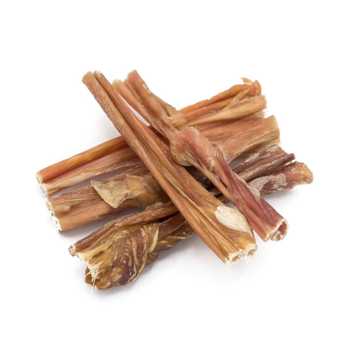 A pile of Best Bully Sticks&#39; 6-Inch Bladder Sticks on a white background.