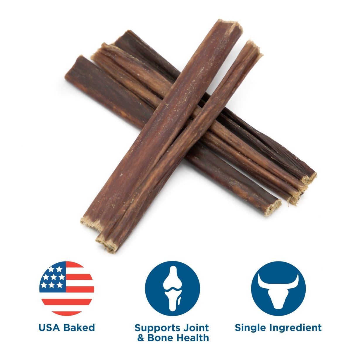 Five 6-Inch Gullet Sticks from Best Bully Sticks are stacked, with icons below indicating "USA Baked," "Supports Joint &amp; Bone Health," and "Single Ingredient." These dog treats are rich in chondroitin, enhancing the health benefits for your pet's joints and bones.