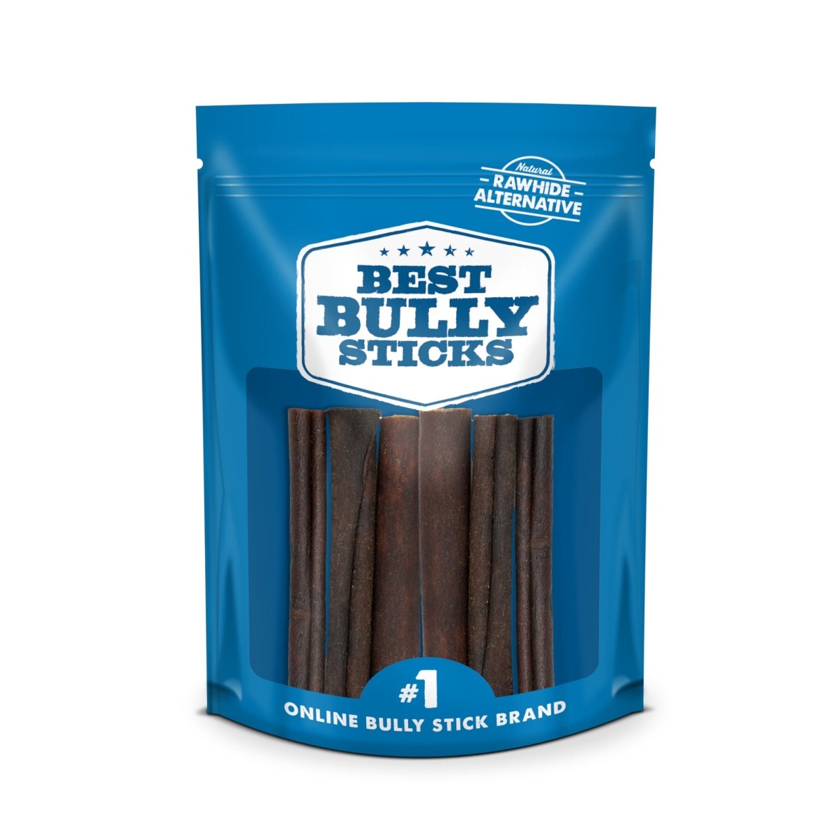 The 6 Inch Peanut Butter Collagen by Best Bully Sticks comes in a blue package offering brown bully sticks, known as a natural rawhide alternative. As the top online brand, they also support your pet&#39;s dental health.
