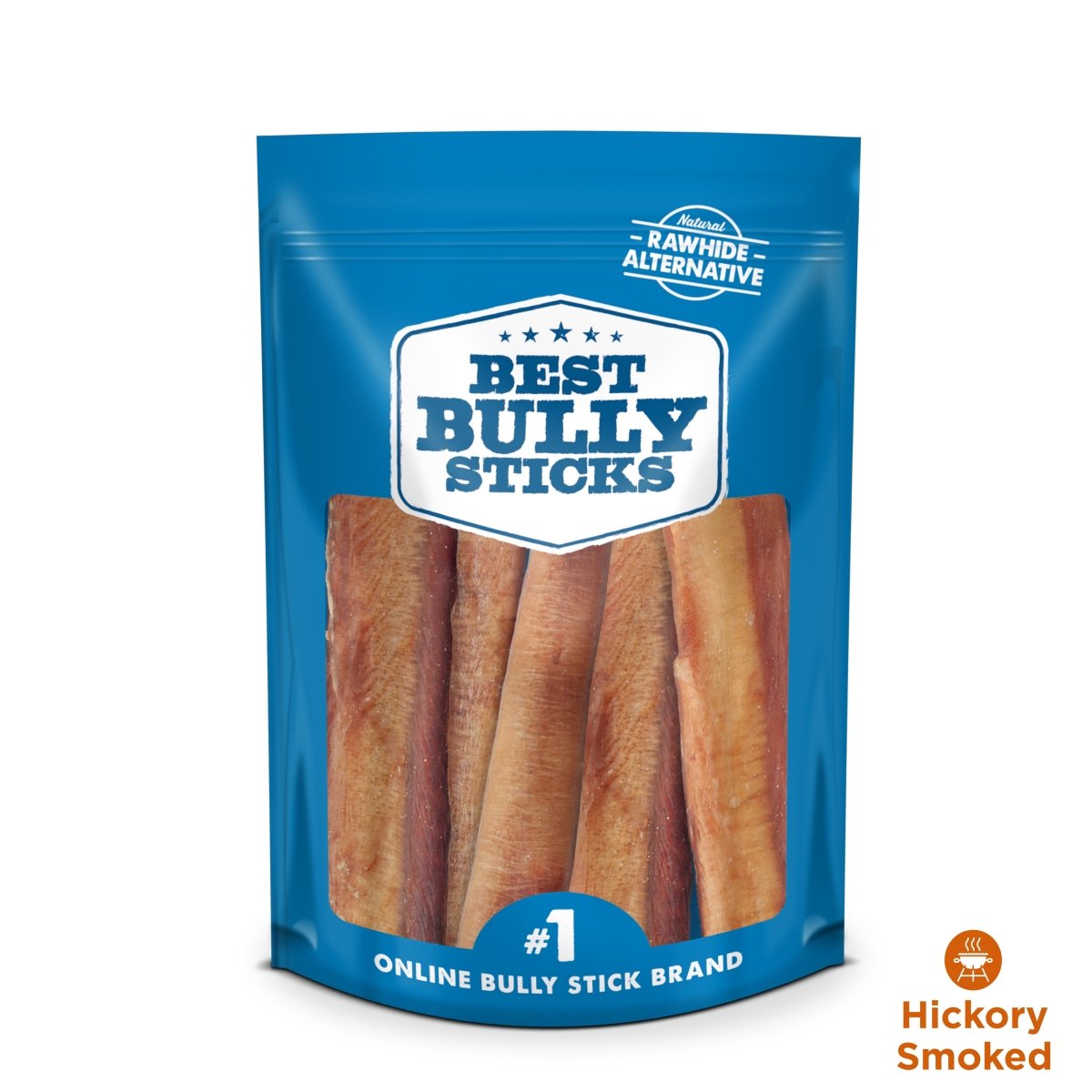 A close-up of a blue package labeled &quot;Best Bully Sticks&quot; displays the 6-Inch Thick Hickory Smoked Bully Stick 6 Pack made from grass-fed beef. A small label indicates &quot;Rawhide Alternative&quot; and &quot;Hickory Smoked,&quot; emphasizing these gourmet dog chews.