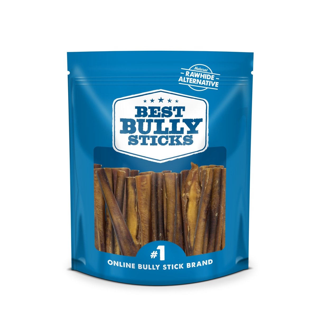 The blue package of 6-Inch Thick Odor-Free Bully Sticks by Best Bully Sticks, labeled "#1 Online Bully Stick Brand," features a "Rawhide Alternative" badge. These high-protein, all-natural chews are designed to delight your furry friend.