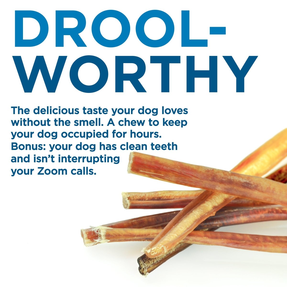 Advertisement for dog chews labeled &quot;drool-worthy&quot; featuring an image of Best Bully Sticks 6-Inch Thin Odor-Free Bully Sticks with text promoting their taste and dental benefits for dogs.