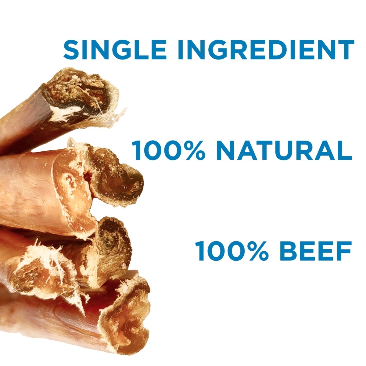 Three Best Bully Sticks 6-Inch Thin Odor-Free Bully Sticks with marrow visible, isolated on a white background, marketed as a high-protein dog treat, accompanied by texts &quot;single ingredient,&quot; &quot;100% natural,&quot; and &quot;100% beef