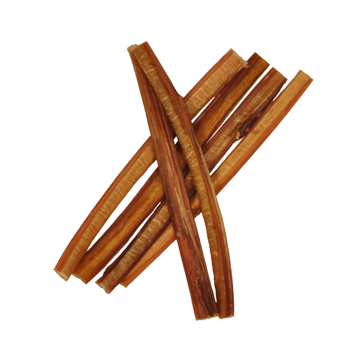 A pile of Best Bully Sticks&#39; 6-Inch Thin Odor-Free Bully Sticks for dogs isolated on a white background.