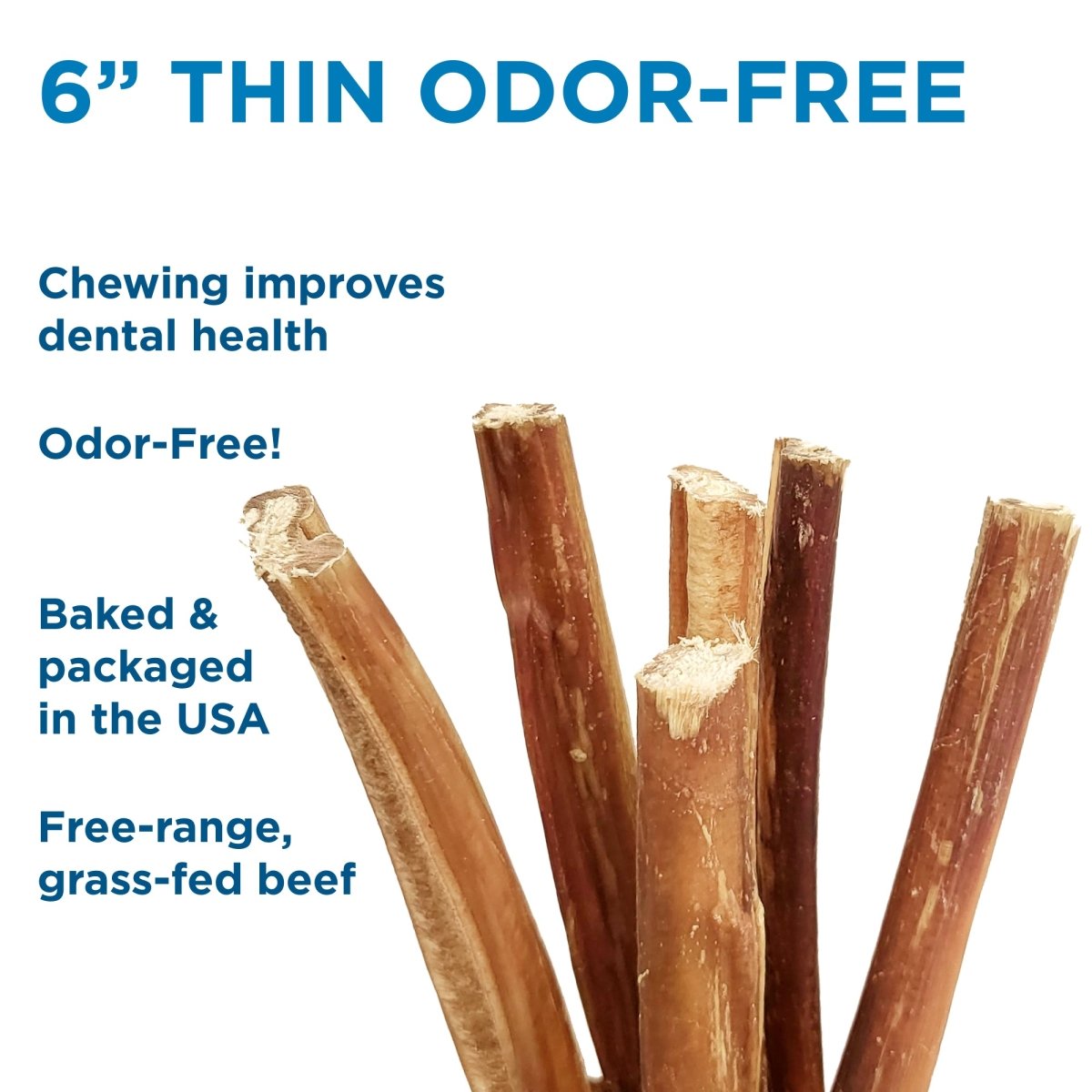 Several Best Bully Sticks 6-inch thin, odor-free bully sticks for dogs, highlighted as baked and individually packaged, displayed against a blue background with descriptive text.