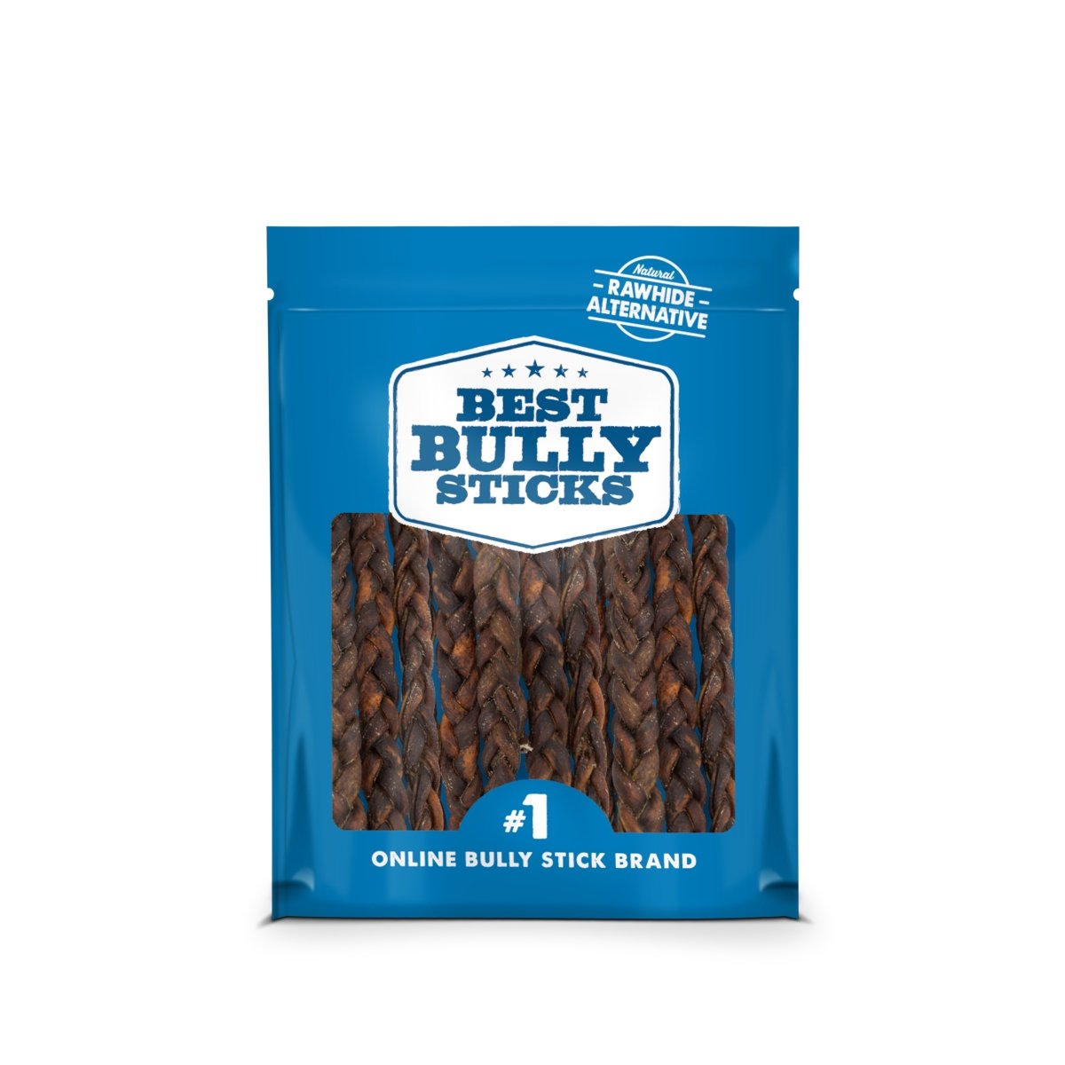 Blue packaging labeled &quot;Best Bully Sticks&quot; promotes rawhide alternatives, featuring 9-Inch Braided Collagen for a long-lasting chew that supports dental health.