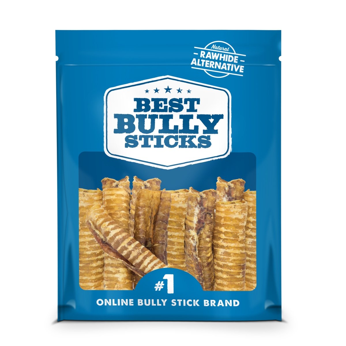 A blue &quot;Best Bully Sticks&quot; package, the &quot;#1 online bully stick brand,&quot; offers 3-Inch Beef Trachea Dog Chews as a rawhide alternative. These natural chews support dental health and are infused with chondroitin and glucosamine for joint benefits.