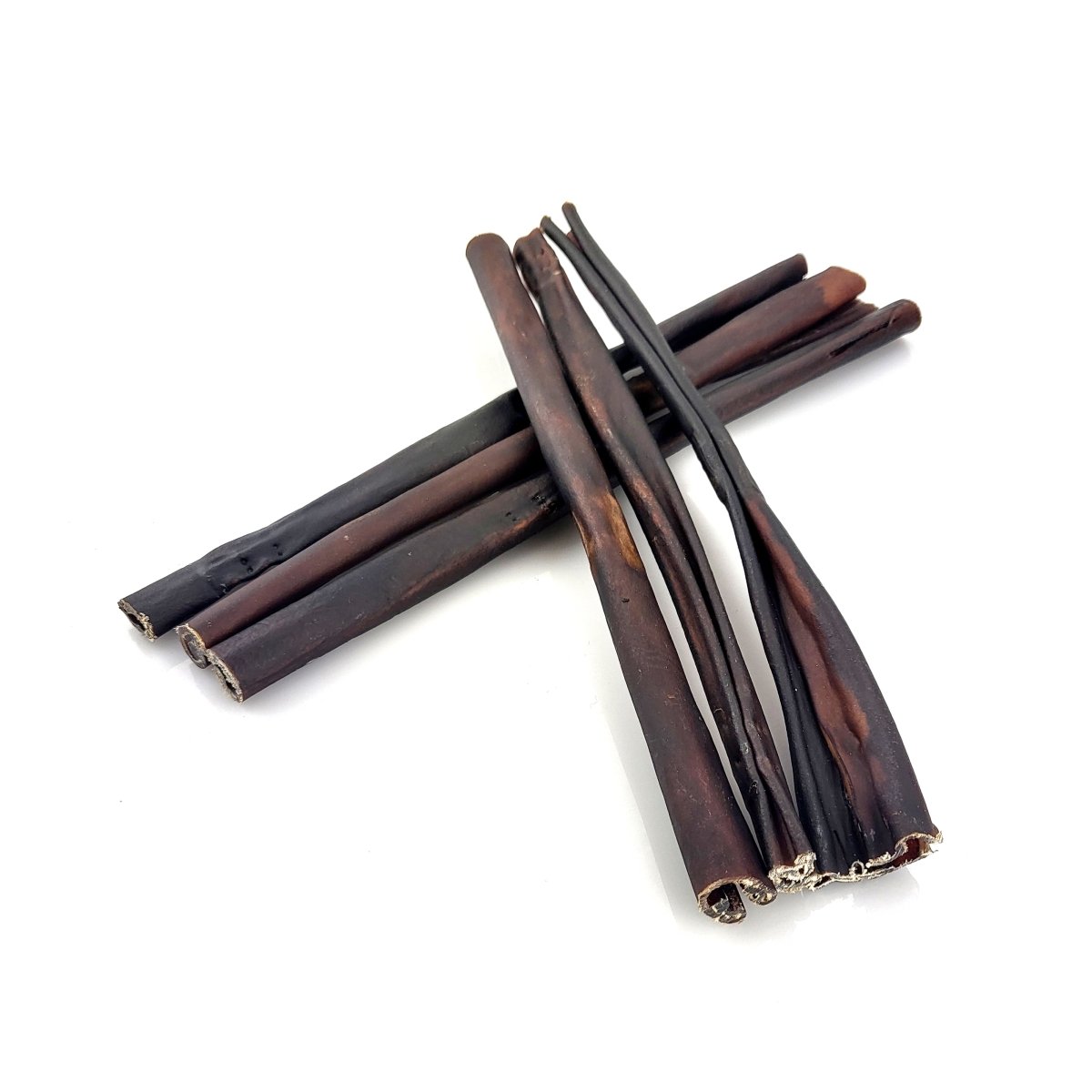 A group of Best Bully 12 Inch Peanut Butter Collagen sticks on a white surface.