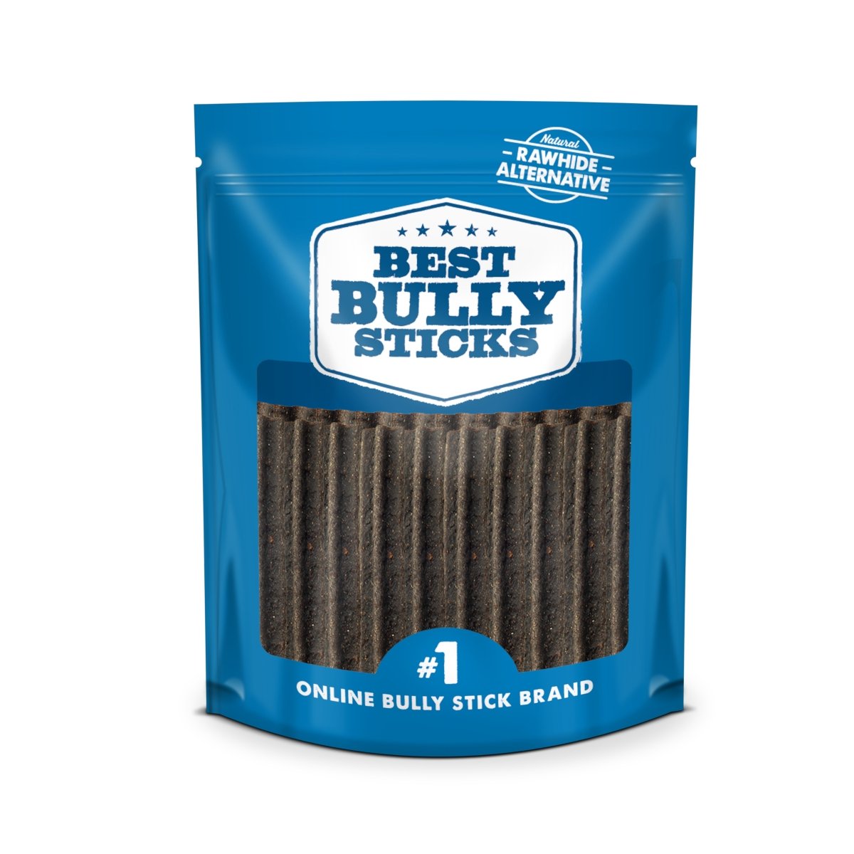 The &quot;Doggie Dental Chew&quot; by Best Bully Sticks comes in a blue package and contains long, cylindrical dog chews made from all-natural ingredients, perfect for your pet&#39;s dental health.