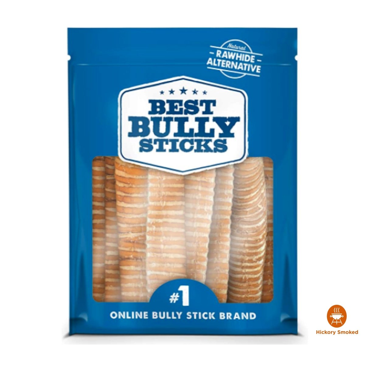 The Hickory Smoked Beef Trachea 10pk from Best Bully Sticks comes in blue packaging, featuring natural rawhide alternatives with a hickory-smoked flavor. The transparent bag displays smoked beef trachea treats enriched with Chondroitin and Glucosamine for healthy joints.