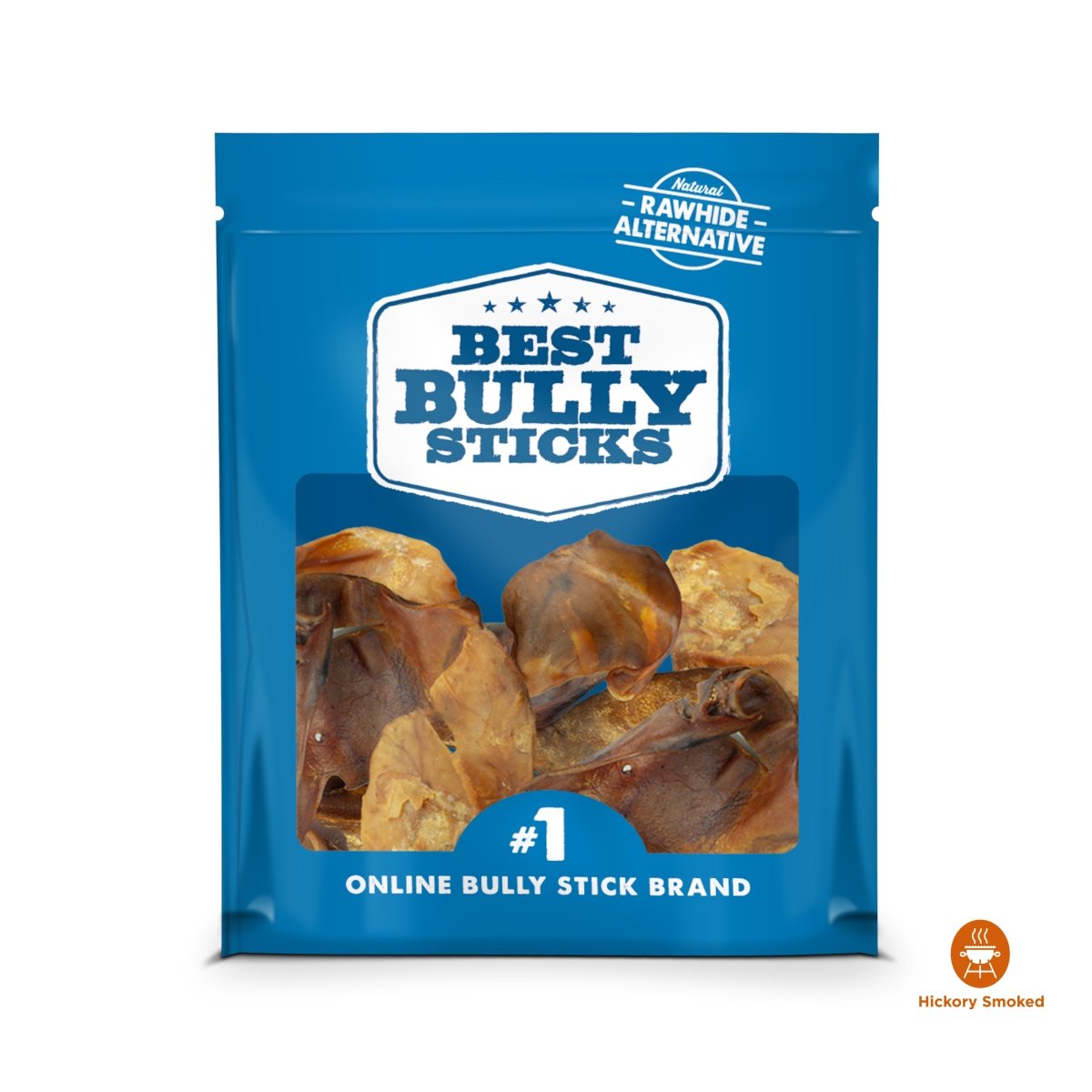 The &quot;Hickory Smoked Pig Ears&quot; from Best Bully Sticks showcase their product through a transparent packaging section, highlight their status as the &quot;#1 Online Bully Stick Brand,&quot; and offer an all-natural rawhide alternative. This dog chew promises a savory hickory-smoked delight for your pet.