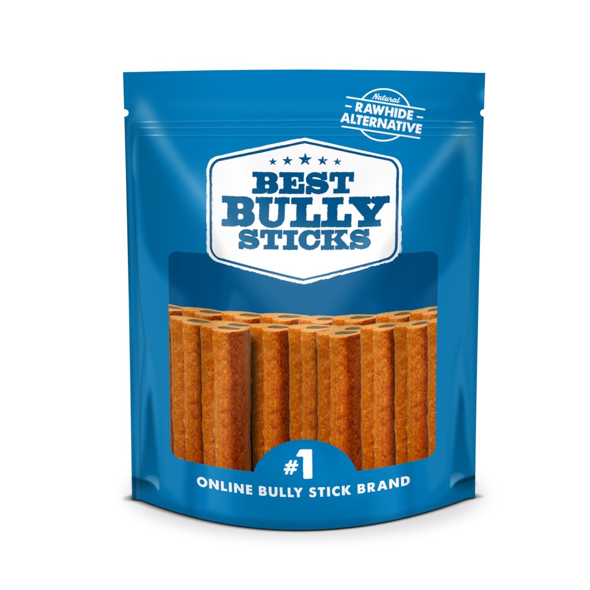 The blue packaging of &quot;Love Bone Heart Shaped Dog Chew&quot; by Best Bully Sticks, labeled as the &quot;#1 Online Bully Stick Brand,&quot; features a clear window revealing natural chews. Made with quality ingredients, these are a wholesome rawhide alternative for the perfect dog treat.
