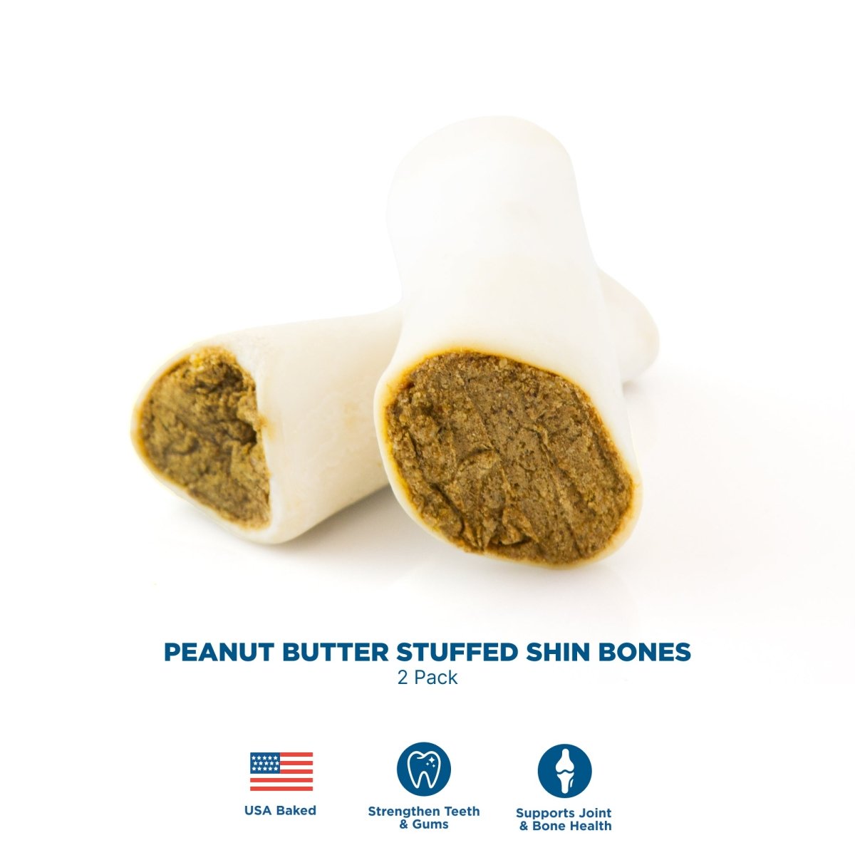 2 peanut butter stuffed shin bones included in power chewer box on white background