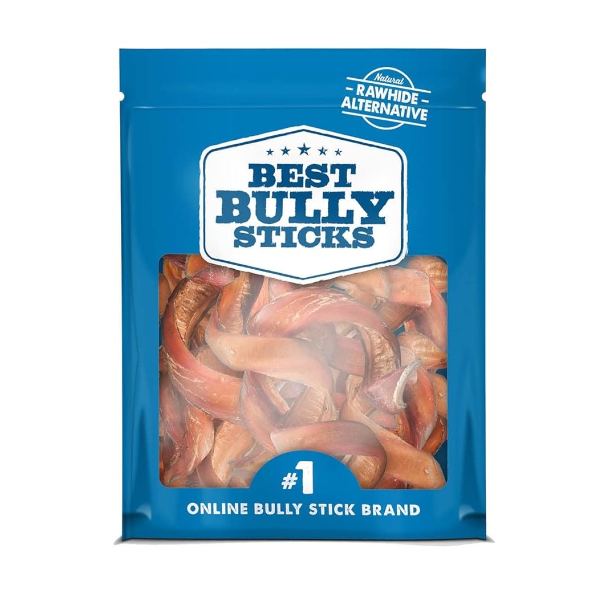 A blue package from Best Bully Sticks reveals its Premium 5-6 Inch Curly Bully Sticks, natural grass-fed beef dog treats, through a transparent section, highlighting a rawhide alternative.