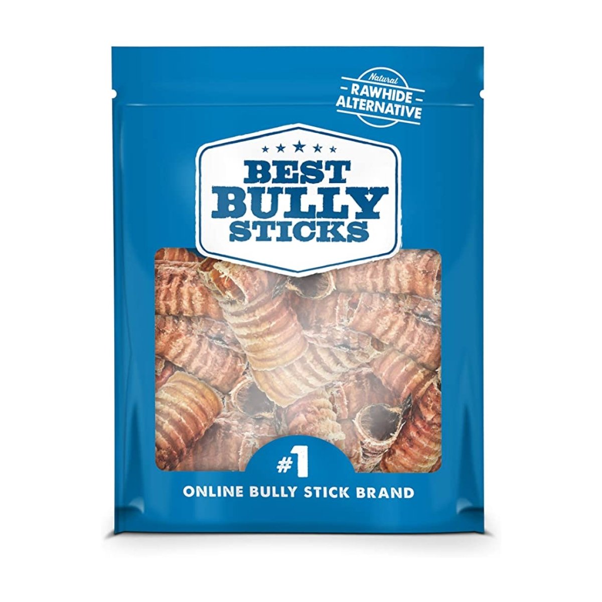 The blue package of Trachea Chips (1 lb) from Best Bully Sticks, the #1 Online Bully Stick Brand, showcases visible cow ears. This rawhide alternative supports joint health with beef trachea dog chews rich in glucosamine.